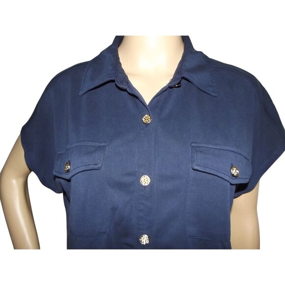 Cable & Gauge Shirt Womens Large navy blue button up flap pockets top blouse - Picture 5 of 9